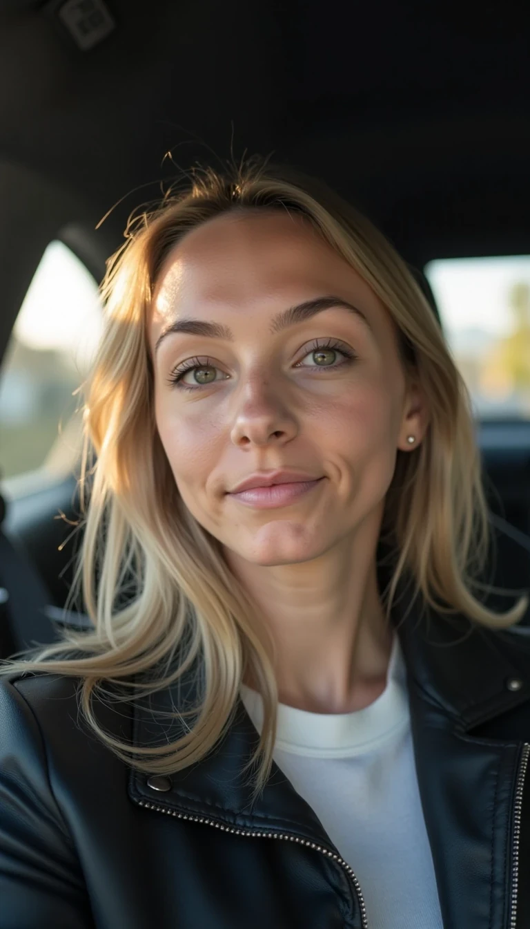 A 23-year-old CSTMDL , natural smile, soft daylight photography inside a car, cinematic lighting, shallow depth of field, photorealistic portrait, ultra-detailed skin texture, 8k DSLR photo.