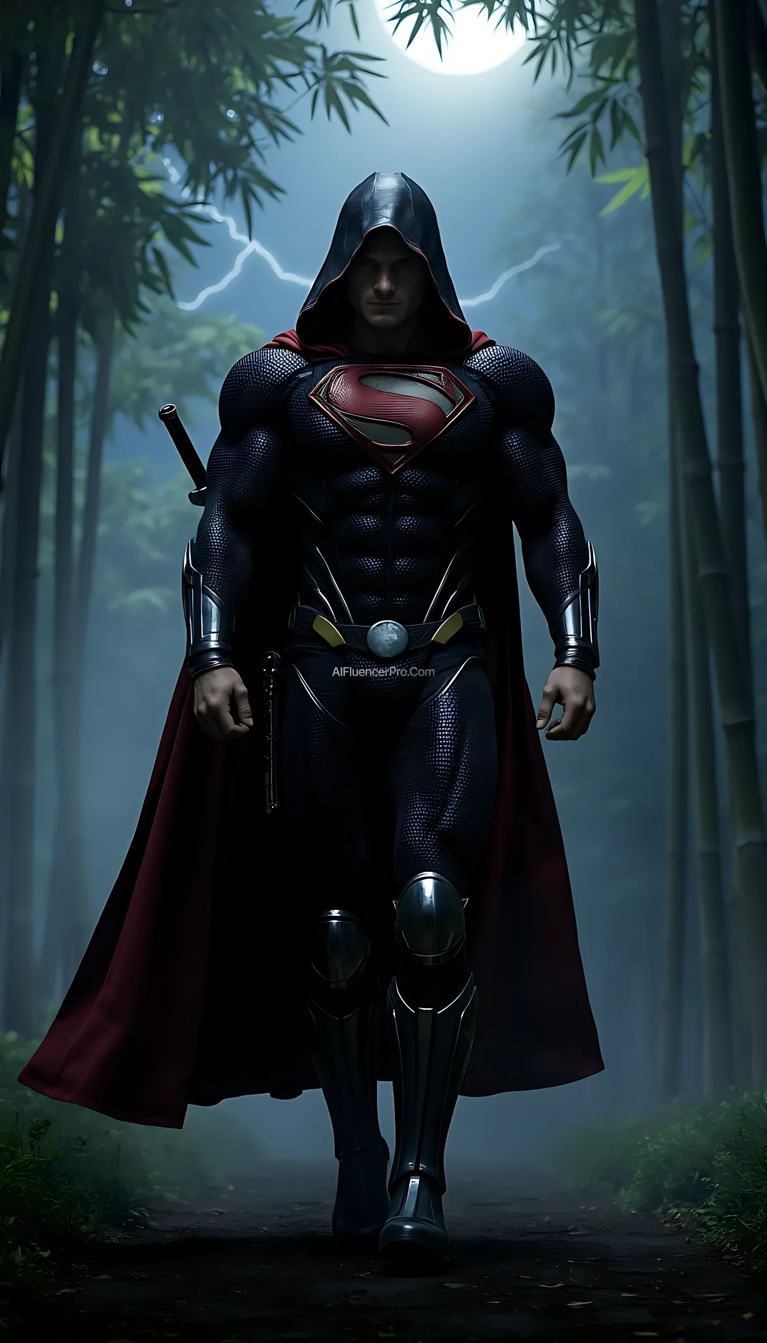 A photorealistic Superman wearing a modified ninja-inspired suit, walking with purpose while pulling back the hood of his traditional ninja cloak. The suit is sleek and metallic, blending robotic elements with armor plating. As he walks, the hood is slowly drawn back, revealing Superman's determined expression. The iconic 'S' symbol on his chest gleams with power. His katana hangs at his side, ready for action. The scene takes place in a misty bamboo forest at night, where moonlight filters through the dense foliage, casting sharp contrasts of light and shadow. A distant thunderstorm flashes faint lightning on the horizon, enhancing the cinematic atmosphere. Superman walks confidently, his cloak billowing behind him as he readies himself for the coming challenge