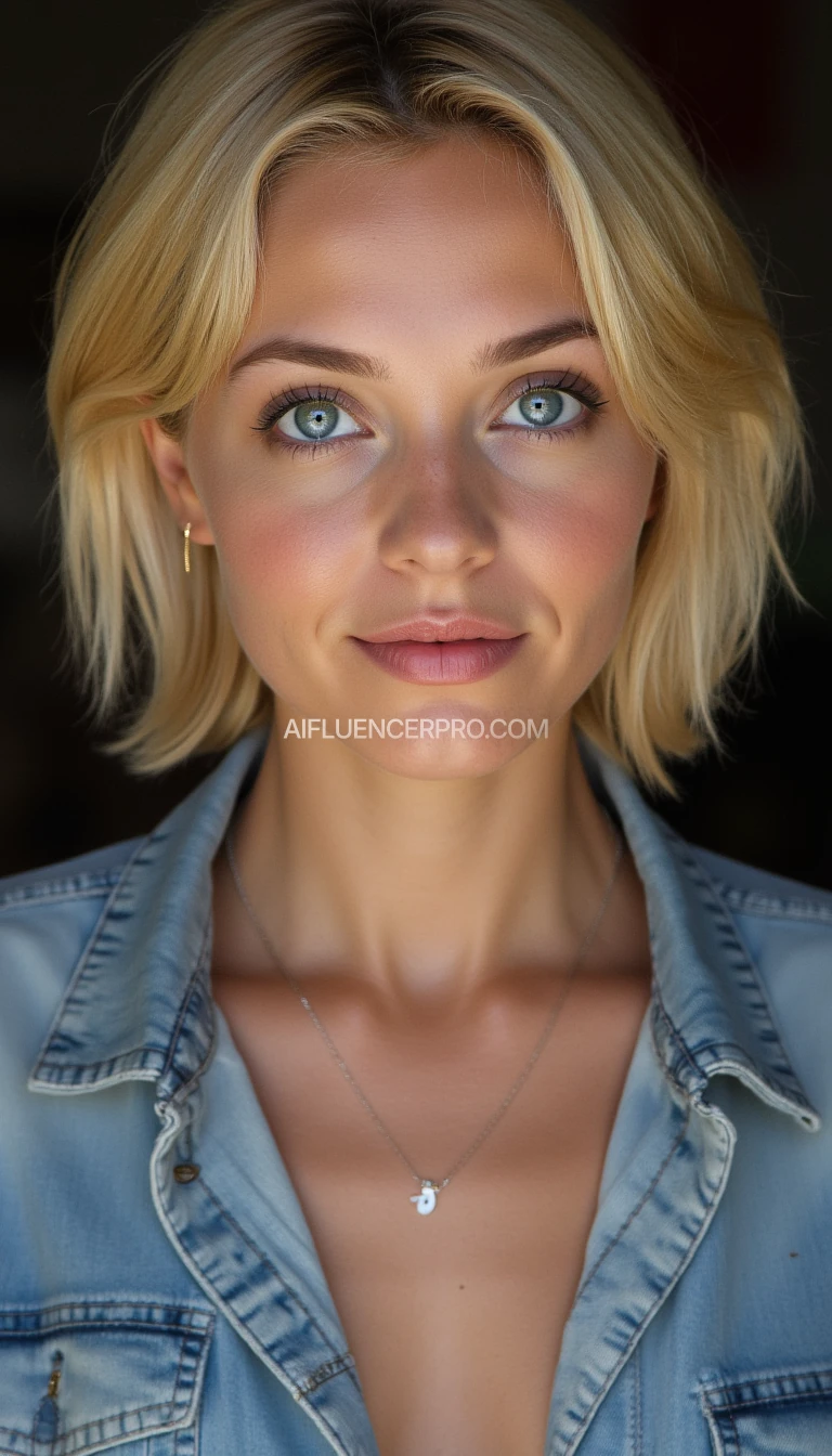 25 years old. Blonde with short hair. Blue eyes with a special sparkle. Features of an Eastern European woman. Extremely attractive but not perfect. Must be hyper realistic.