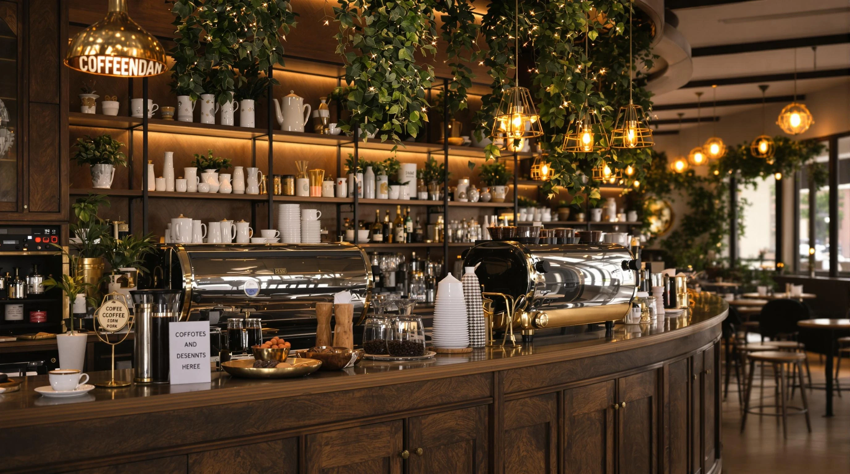 "A cozy café interior focused on a stylish coffee bar and countertop, with warm lighting, espresso machine, cups, coffee beans, and elegant decorations. The scene feels calm and inviting, with wood and brass details, and a quiet atmosphere. The background shows a softly lit café space with tables and chairs. Realistic, cinematic, 4K. Text space available on the right."