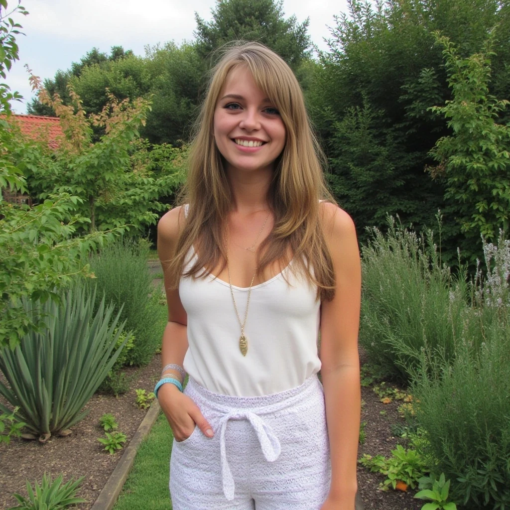 boring low quality snapchat photo circa 2015, cute woman, soft light brown hair, full outfit, in a garden