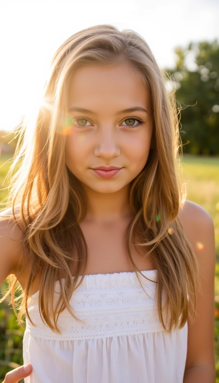 A young pre teen female model, petite blonde emo-cowgirl taking a close-up selfie outdoors at golden hour, long wavy blonde hair with red and black streaks glowing in the sunset. Blue eyes with bold eyeliner, fair skin. Outfit: white sundress with cowboy boots. Mood: dreamy and flirty, slight smile with head tilted. Style: high-res Instagram selfie, lens flare in the background CSTMDL