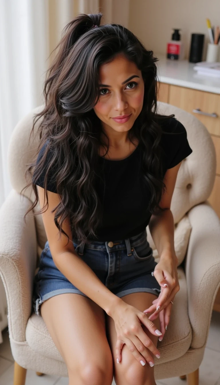 Woman with long curly black hair up in a ponytail        in a nail salon getting pedicure