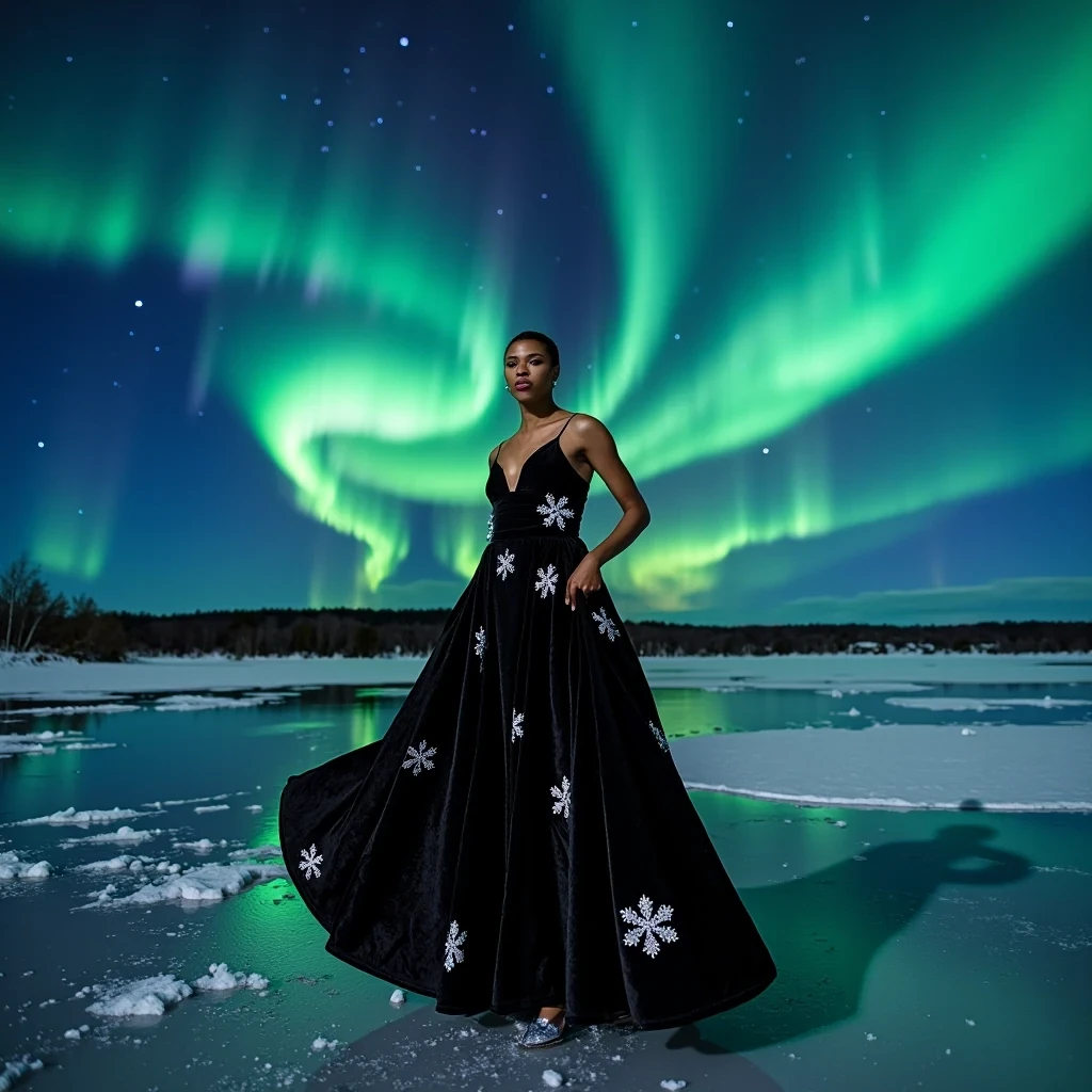 Midnight Ice Ballet
Shot on Leica M11, 75mm f/1.4, ISO 800, 1/250 sec. Editorial wide shot on frozen lake under northern lights. Model wearing Dior haute couture black velvet gown with crystal snowflake embellishments. Light olive brown skin capturing blue-green aurora reflection. Key light: powerful LED panels through diffusion creating ice-like glow. Skin texture shows cold-induced luminosity, slight wind-chapped effect on cheeks. Background: starlit sky, aurora borealis, ice patterns in lake surface. CSTMDL
