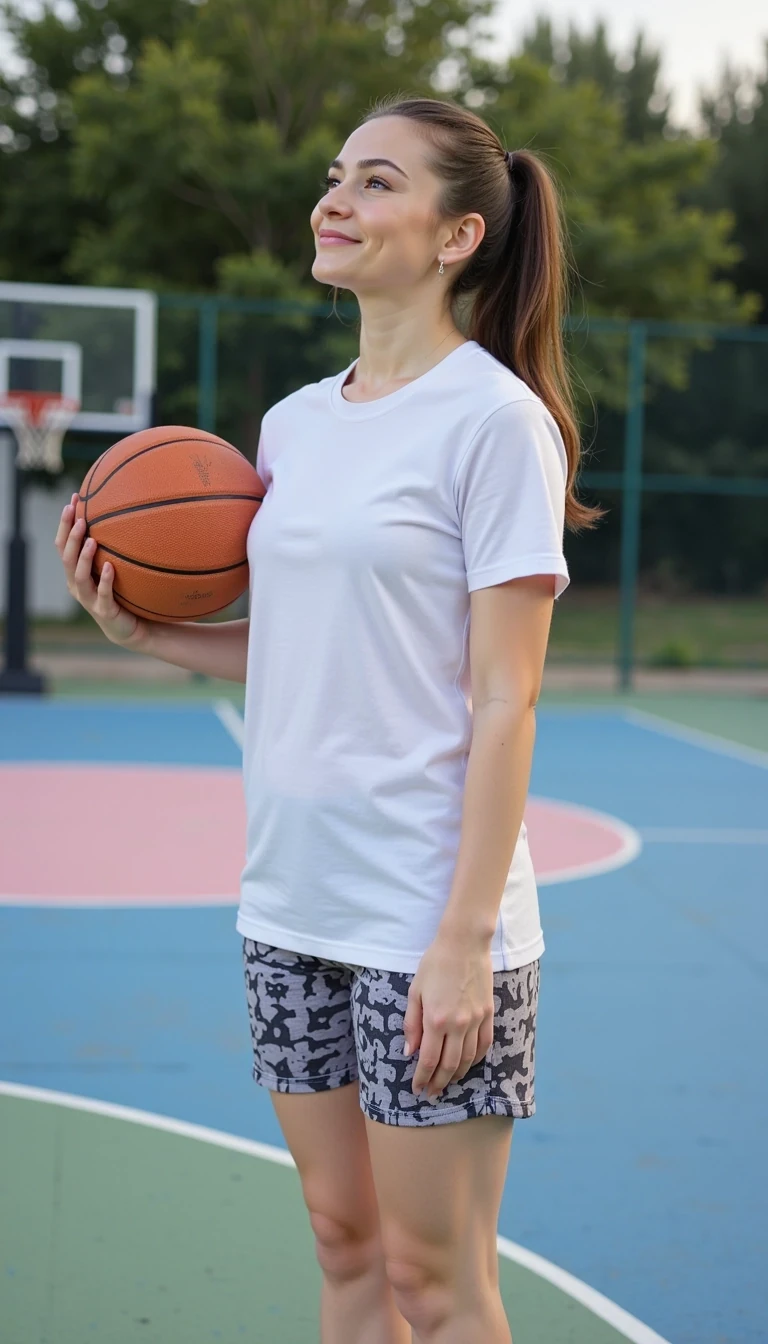 photo of woman CSTMDL , The image features a young female athlete standing confidently on a basketball court, holding a basketball. She is dressed in a casual, stylish ensemble comprising a white t-shirt and patterned shorts that reflect a mix of urban culture. The court has a unique color palette with blue and green tones, interspersed with white and pink lines, adding a dynamic feel. The background is slightly blurred, focusing attention on the subject while also revealing a chain-link fence and trees, which suggests an outdoor setting. The lighting is soft and natural, hinting at either late afternoon or early evening, casting gentle shadows that enhance the composition. The subject gazes upward thoughtfully, conveying a sense of aspiration and determination while her long hair is tied back in a ponytail. The overall mood is energetic yet serene, capturing the essence of sports and personal reflection, imbued with a modern lifestyle vibe. The image might be styled in a way that emphasizes the textures of her clothing and the court surface, capturing the vibrancy of an athletic context.
