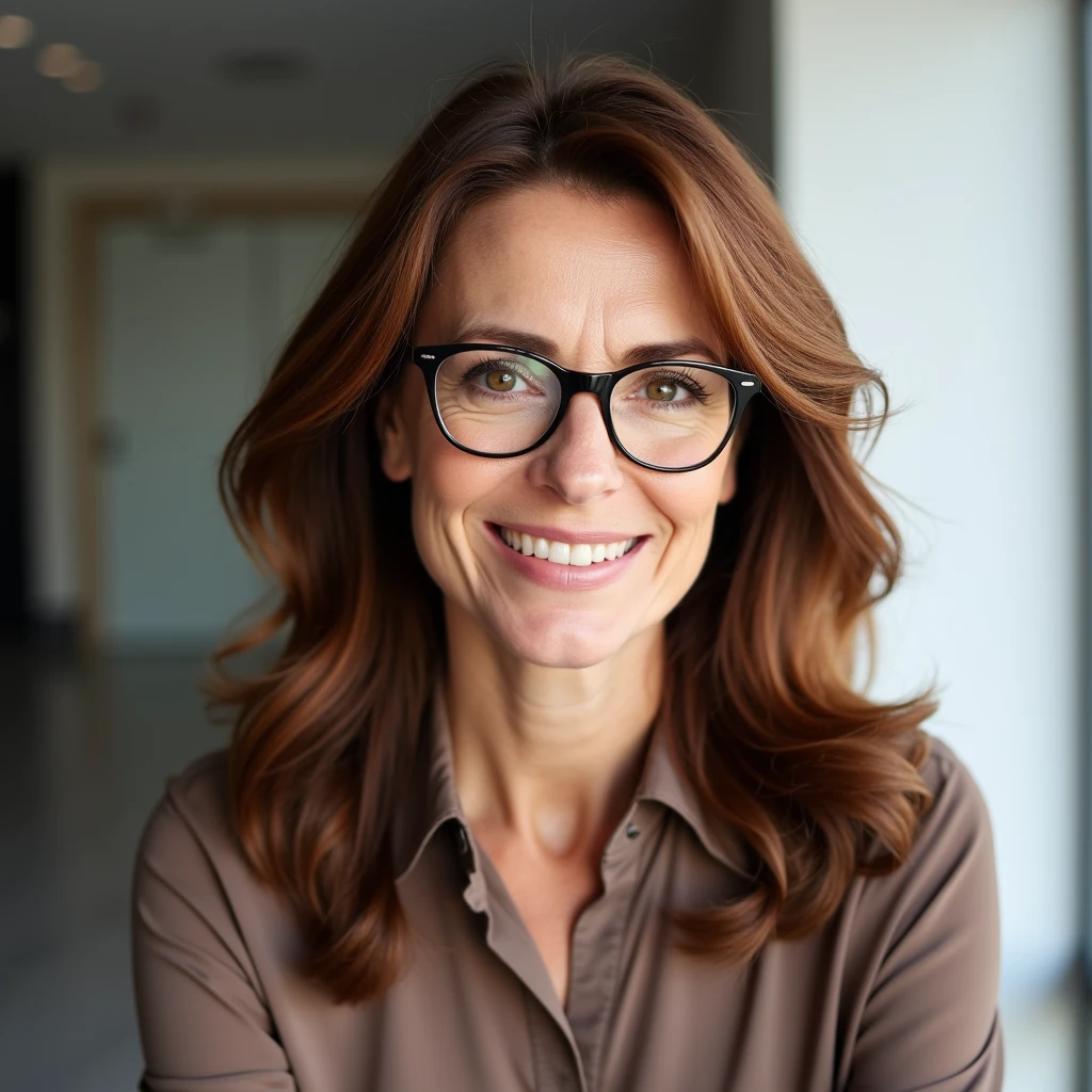 score_9, photorealistic headshot of a mature businesswoman, chestnut hair in soft waves, stylish glasses, hazel eyes, silk blouse, confident smile, neutral office background, 50mm lens