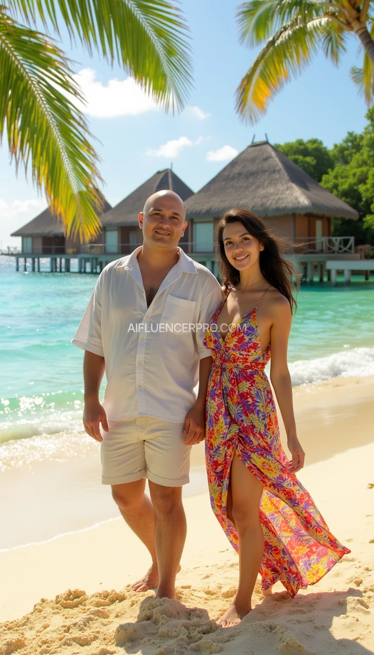 A hyper-realistic, ultra-detailed 4D, 8K render of a man and a woman enjoying a luxurious vacation at a Maldives beach, both facing the camera. The man, an Indonesian with a clean-shaven bald head, a round-shaped head, and semi-chubby cheeks, smiles warmly at the camera, dressed in light-colored linen shorts and a relaxed, slightly unbuttoned white shirt, exuding a casual yet elegant look. The woman, about 35 years old, has a slender face with sharp features and long, slightly wavy hair that catches the breeze. She wears a flowing, tropical-patterned summer dress with vibrant colors, complementing her serene and joyful expression as she gazes at the camera. The beach scene is filled with ultra-fine details: soft, golden sand with visible grains, crystal-clear turquoise water shimmering with sunlight reflections, gentle ocean waves, and lush, green palm trees swaying in the breeze. In the background, luxurious overwater bungalows with intricate architectural details can be seen. The warm, golden-hour sunlight casts natural highlights and soft shadows, creating a serene and immersive atmosphere. The lighting accentuates the couple’s expressions, enhancing their lifelike skin textures and natural tones while maintaining sharp details of the picturesque tropical surroundings.

