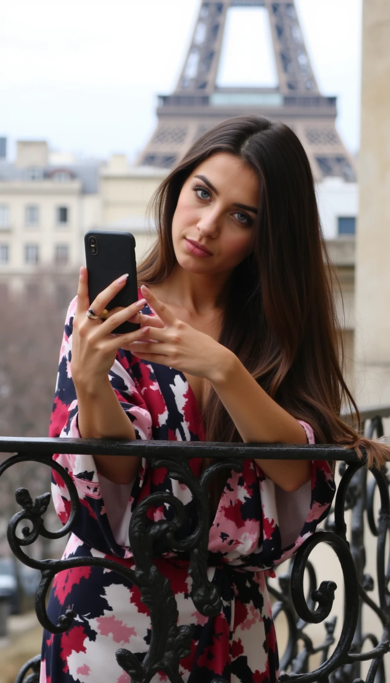 A selfie taken while leaning against a wrought-iron balcony railing in Paris, the Eiffel Tower blurred in the distance. The young Mediterranean woman, with golden-olive skin reminiscent of Kim Kardashian, holds her phone at chest height, tilting her head slightly. Her extra-long sleek brunette hair falls in glossy waves over her chest. She has almond-shaped blue eyes, perfectly arched brows, high contoured cheekbones, a sculpted button nose, and very voluminous nude-toned lips. The cool morning light highlights her flawless skin and eye-catching features.
