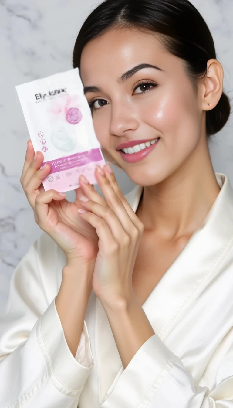 Elina in a white silk robe holds the Elysianne Bio-Collagen Hydrogel Mask (package bigger than her hands) beside her cheek. No products on her face, Soft daylight, marble background, close-up on her radiant skin.