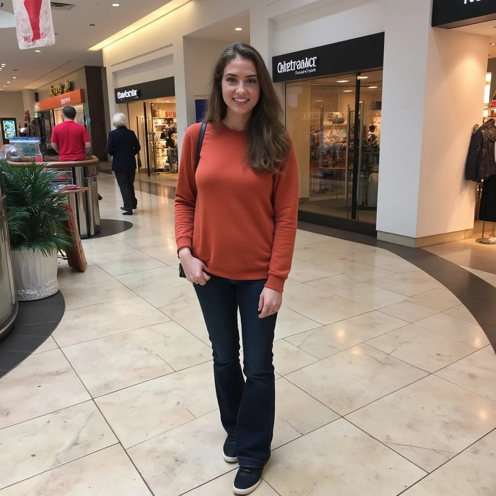 boring low quality snapchat photo circa 2015, average looking woman, full outfit, standing, soft light brown hair, mall background