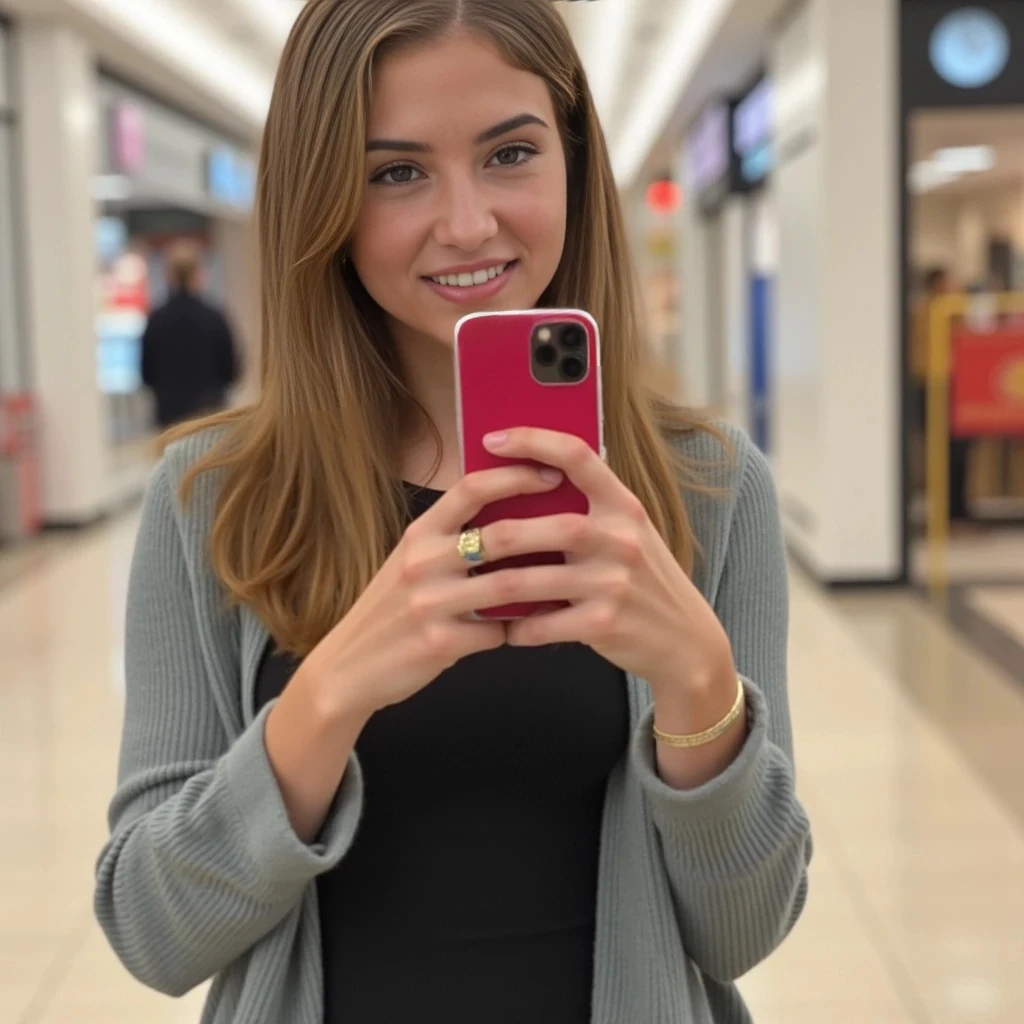 boring low quality snapchat photo circa 2015, average looking woman, full outfit, standing, soft light brown hair, mall background