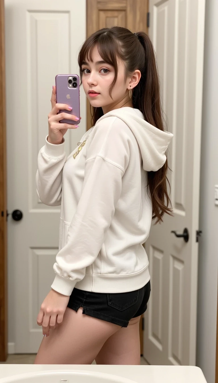 Photo of CSTMDL, 1girl, solo, looking at viewer, smile, long sleeves, holding, jewelry, closed mouth, standing, ponytail, ass, cowboy shot, earrings, thighs, shorts, hood, indoors, hand up, from behind, nail polish, lips, from side, fingernails, short shorts, makeup, hoodie, phone, black shorts, cellphone, hood down, white jacket, smartphone, reflection, pink nails, long fingernails, holding phone, mirror, nose, selfie, bathroom, white hoodie, taking picture, fingers, sink