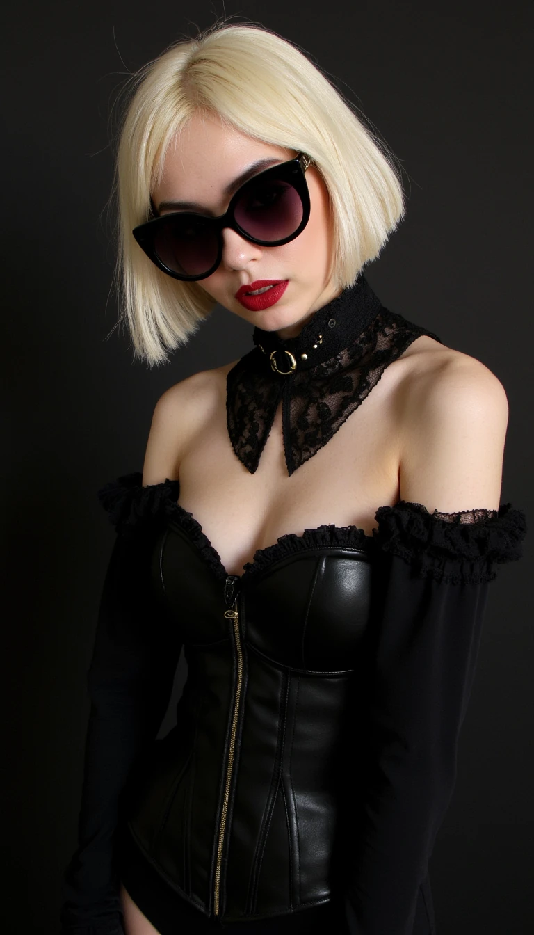 Name: Genevieve Harrow

 Age Appearance: 26 

Gender Expression: Feminine

Brest Size: Medium/ Large

Butt Size: Large

Hip Width: Medium

Aesthetic: Blonde goth meets Parisian heiress — think black silk gloves, couture corsets, icy stares behind vintage sunglasses. 

Vibe: Soft-spoken menace. Think Lana Del Rey meets Morticia Addams, dressed by Rick Owens and Mugler. 

Hair: Platinum blonde, always styled with architectural precision or messy elegance. 

Makeup: Smoky eyes, porcelain skin, black liner like a dagger, gloss like spilled champagne. 

Wardrobe: High-fashion goth — black leather, silk, velvet, lace. Gold hardware. She wears Margiela with vintage Cartier. Color Palette: Black, ivory, deep red, cold gold, gunmetal.