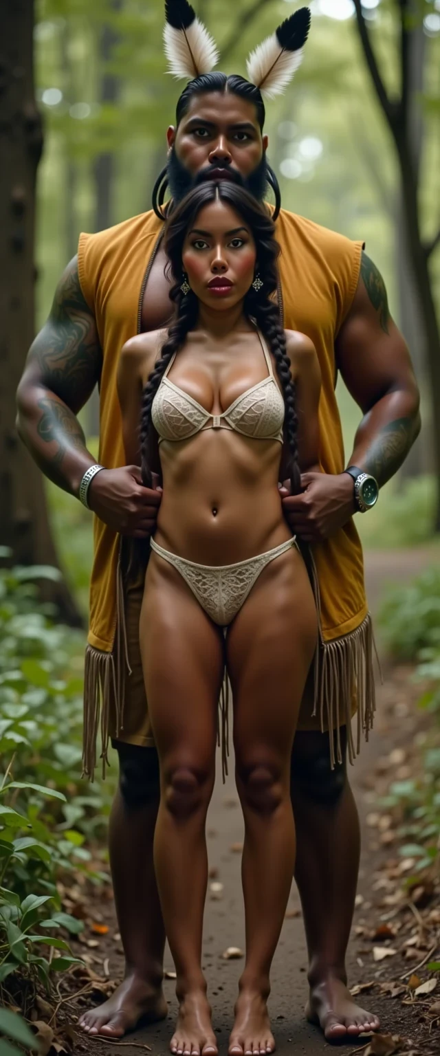 photo of woman CSTMDL, a selfie photo of, a slim woman, her full body is in the scene, she has a slender petite build with petite small boobs and a flat chest, she has small dark skin nipples with long pointy nipple ducts and small dark skinned areolas, her hair is styled with two long braids she has eagle plumes in her hair, she is not wearing earrings, she is wearing a native American style vest in a golden yellow color over top of her underwear, her vest is open exposing her strapless bra, her bra is a strapless white lace bra, she is wearing white lace panties, she is wearing ankle height smoked hide moccasins, natural lighting, natural light, amateur photography, shot on an iPhone, she is standing with her legs spread wide apart in a densely wooded forest, she is maintaining intense eye contact with the camera, there is a giant native American fat man three times her height kneeling directly behind her holding onto gripping onto the woman's waistline, the man is holding her in front of him, the man is a real giant three times the height of an average male, public setting, Hyper realism, ultra-sharp focus, highly detailed, natural lighting, natural light, amateur photography,