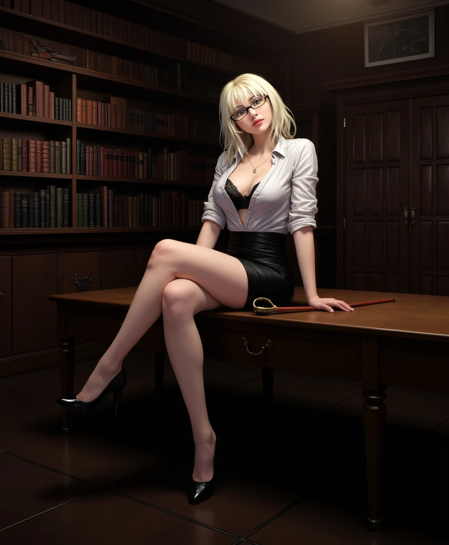 Inside a dimly lit private library, Luna Vex with icy blonde hair sits on a long wooden table surrounded by leather-bound books. She wears a tight, short pencil skirt, a button-down blouse that's open just enough to reveal the lace of her bra, and glasses resting halfway down her nose. Her legs are crossed deliberately, and a riding crop rests casually across her lap. She tilts her head with a devilish smile, as if she’s about to ask a question that’s not in the curriculum. One heel dangles from her toe. The room is still—almost sacred—but her energy crackles with unspoken sin.