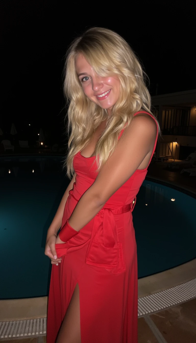 boring low quality snapchat photo circa 2015 emma blonde Robe de gala rouge glissant de l’épaule gauche l'épaule nue lumière du soir devant piscine

