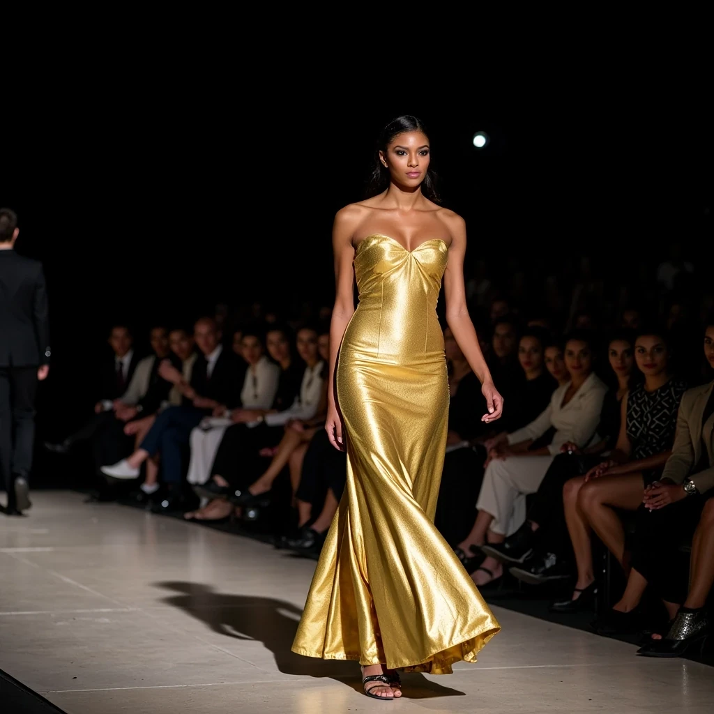 Opening Look
Shot on Sony A1, 70-200mm f/2.8 GM II, ISO 800, 1/1000 sec. Center runway capture of model with light olive brown skin in Schiaparelli gold sculptural gown. Harsh overhead spots at f/11 creating dramatic shadows. Front-row phone lights add sparkle to skin texture. Skin shows runway-ready finish: poreless appearance but natural sheen from movement. Strong stride, 3/4 angle. Background: blurred FROW celebrities, dark atmosphere. Multiple catch lights in eyes from runway lighting grid. CSTMDL