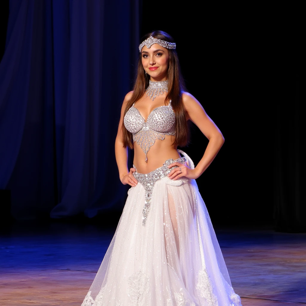 create an ultra-realistic full body image  of a 19 year old Serbian woman. she is tan. She stands at 5'9", embodying the epitome of allure and charm with her sharp Slavic facial features. Her captivating blue eyes and long, brown hair enhance her mesmerizing presence. she is in dressed in a white and silver middle eastern belly dance costume for belly dance performance. her belly dance skirt is long, mesh, and sparkly and her top is covered in diamonds. her boobs are medium sized, round, plump, and pushed up and showing beautifully in her top. she is on a stage performing for many people. Her expression is one of happiness. Focus on extreme realism, especially in her facial details. her hair is almost to her waist in length. her eyes are extremely realistic and she is looking directly in the camera. she is wearing a shimmering head cover for belly dancing.