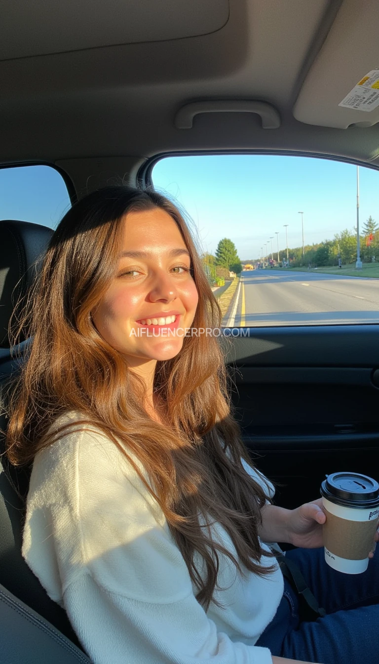boring low quality snapchat photo circa 2015, A young woman with a warm smile, sitting in the driver's seat of a cozy car. She has soft, wavy brown hair cascading past her shoulders. The sunlight streams through the window, casting a gentle glow on her face. The interior of the car is neat and comfortable, with a coffee cup in the cup holder and a small plant on the dashboard. The background outside the window shows a scenic road lined with trees and blue skies