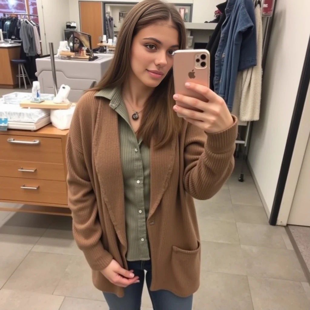 boring low quality snapchat photo circa 2015, average looking woman, full outfit, standing, soft light brown hair, mall background