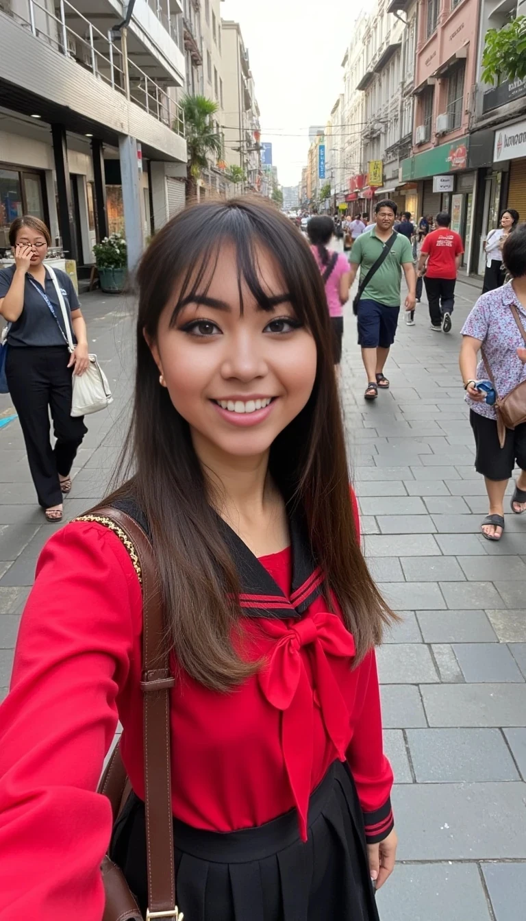 Pose in Bali streets wearing a red and black school girl outfit taking a selfie, people walking and staring in the background