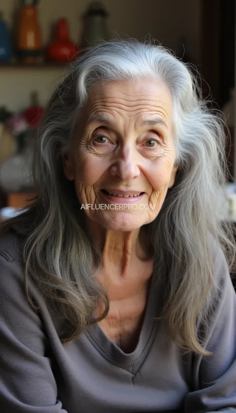 A realistic photograph of a 65-year-old grandmother with long, natural grey hair. The setting should feel authentic and casual, avoiding any glamour or artificial enhancements. The grandmother has subtle wrinkles and a warm, approachable expression, showcasing natural skin textures. Her attire is simple, such as a casual blouse or sweater, and the environment is everyday and relatable, like a cozy living room with soft lighting. The image should evoke realism and authenticity, with no overly smooth or plastic-like effects, and must look like it was taken by an amateur photographer in a natural moment.