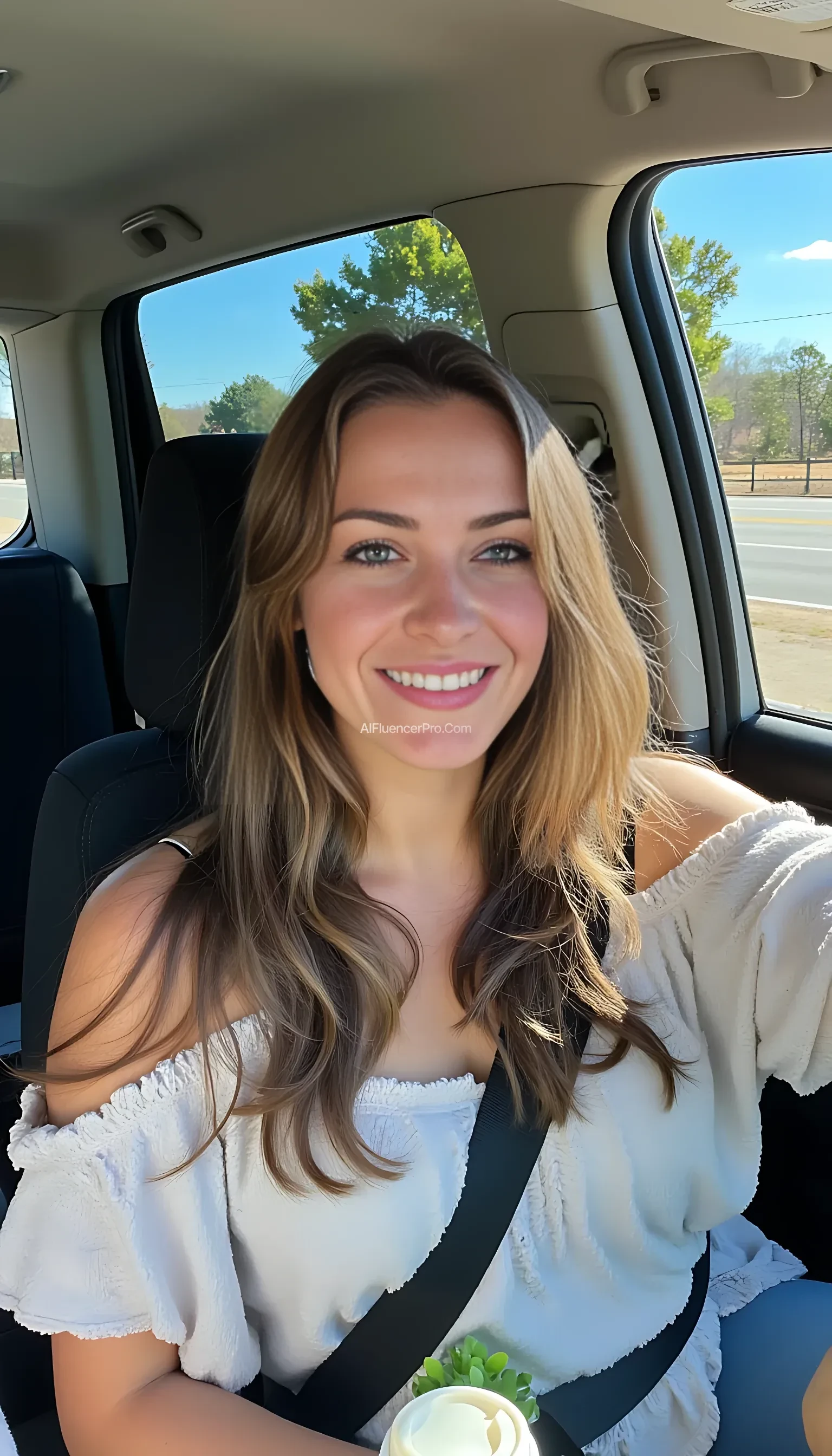 boring low quality snapchat photo circa 2015, A young woman with a warm smile, sitting in the driver's seat of a cozy car. She has soft, wavy brown hair cascading past her shoulders. The sunlight streams through the window, casting a gentle glow on her face. The interior of the car is neat and comfortable, with a coffee cup in the cup holder and a small plant on the dashboard. The background outside the window shows a scenic road lined with trees and blue skies