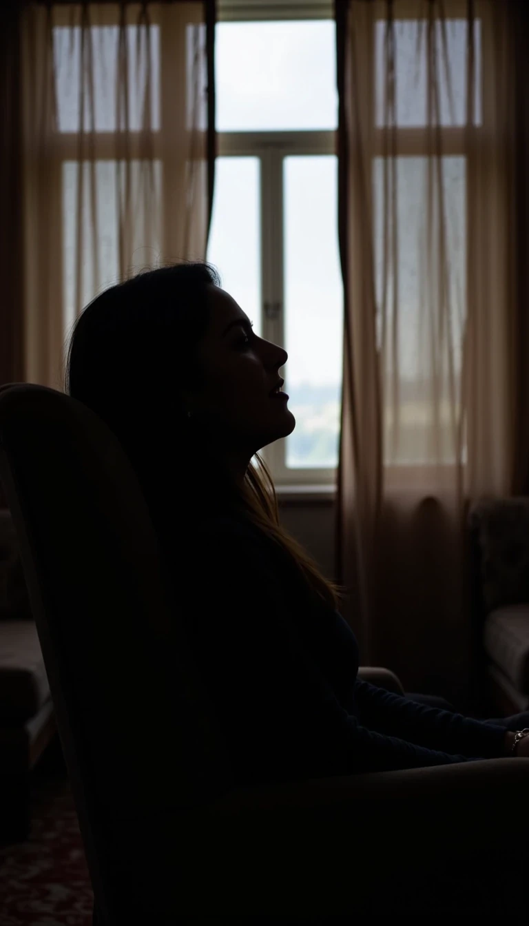 CSTMDL A figure silhouetted by window light, seated on the edge of a chair, head tilted back, an expression of languid contentment."
