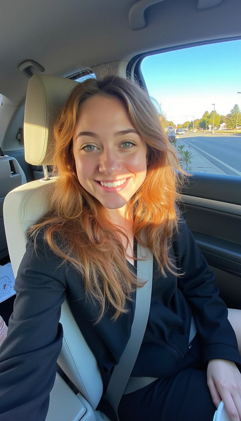 boring low quality snapchat photo circa 2015, A young woman with a warm smile, sitting in the driver's seat of a cozy car. She has soft, brught auburn curkt hair cascading past her shoulders. Her eyes are bright blue.  The sunlight streams through the window, casting a gentle glow on her face. The interior of the car is neat and comfortable, with a coffee cup in the cup holder and a small plant on the dashboard. The background outside the window shows a scenic road lined with trees and blue skies