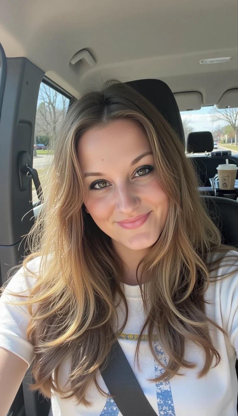 CSTMDL,  boring low quality snapchat photo circa 2015, A young woman with a warm smile, sitting in the driver's seat of a cozy car. She has soft, wavy brown hair cascading past her shoulders. The sunlight streams through the window, casting a gentle glow on her face. The interior of the car is neat and comfortable, with a coffee cup in the cup holder and a small plant on the dashboard. The background outside the window shows a scenic road lined with trees and blue skies