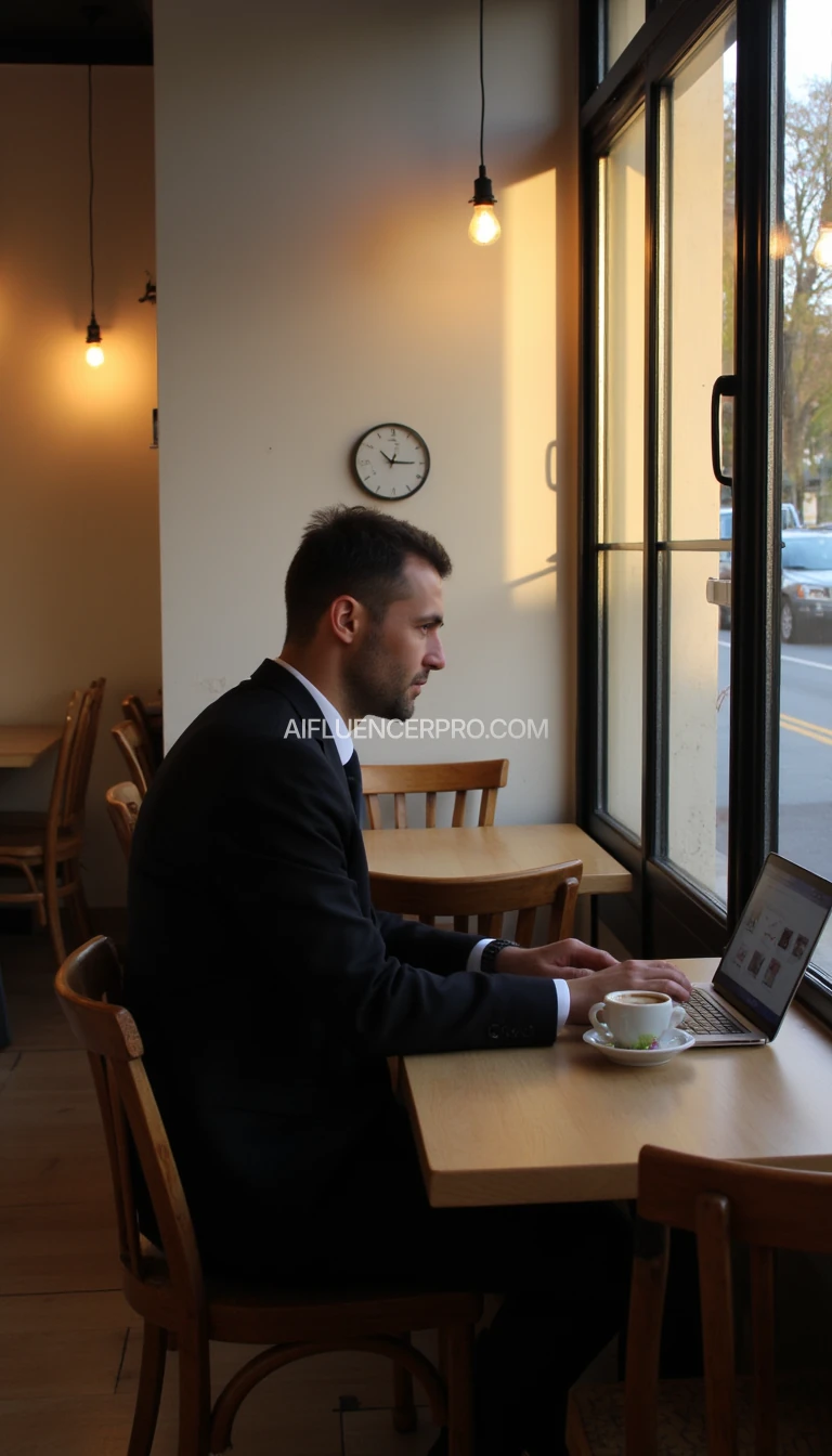 photo of A half-body Caucasian man working at a café with a laptop and coffee, in the late afternoon sunlight of the evening