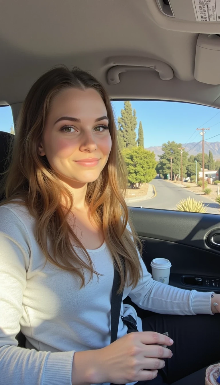 boring low quality snapchat photo circa 2015, A young woman with a warm smile, sitting in the driver's seat of a cozy car. She has soft, wavy brown hair cascading past her shoulders. The sunlight streams through the window, casting a gentle glow on her face. The interior of the car is neat and comfortable, with a coffee cup in the cup holder and a small plant on the dashboard. The background outside the window shows a scenic road lined with trees and blue skies