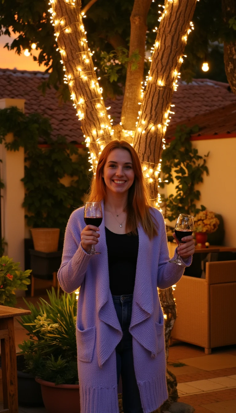 A full body shot photo of a woman standing outdoors at a cozy, warmly lit patio in the evening, with soft, glowing lights wrapped around a tree behind them creating a charming atmosphere. The image is rich in detail, with warm tones and clear textures throughout. The woman has fair skin, a slim build, and long reddish-blonde hair, also worn loose. She is smiling warmly at the camera, holding a glass of red wine in her right hand, and wears a soft-textured lavender cardigan over a black top. The background features a large tree with sparkling string lights wrapped around its trunk and branches, adding a magical touch to the scene. The setting suggests a private outdoor seating area, with elements like terracotta-tiled roofing, greenery, and rattan chairs contributing to a serene, inviting vibe. The overall composition is balanced, with the woman framed against the softly glowing tree, and the lighting enhances the warm, intimate feel of a quiet evening shared among friends. The details are vivid, with textures of clothing, skin, and background elements clearly visible, while the warm lighting creates a relaxed and joyful mood