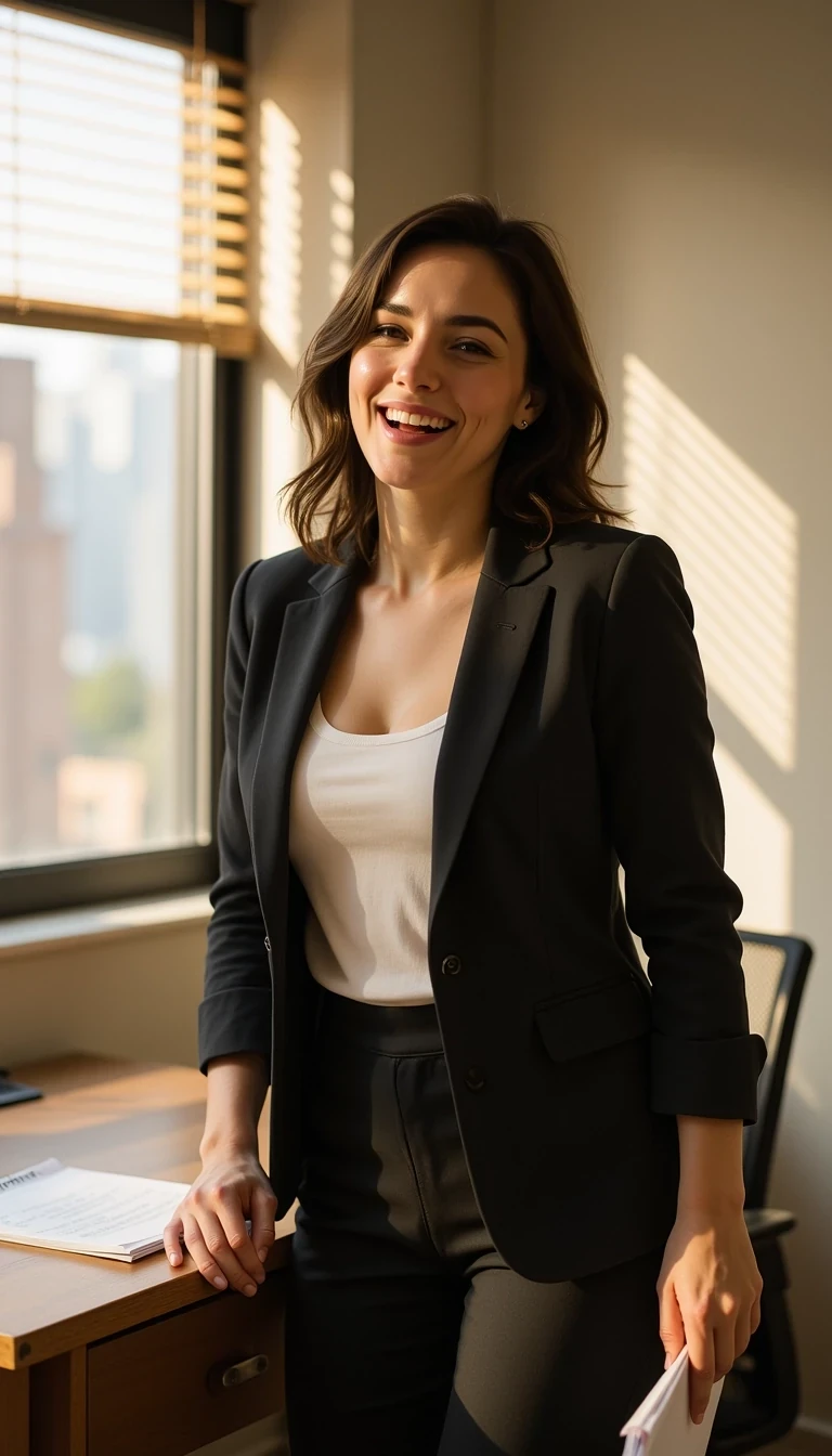 Standing beside desk with papers in hand, mid-laugh, open blazer, sunlight through blinds, CSTMDL woman