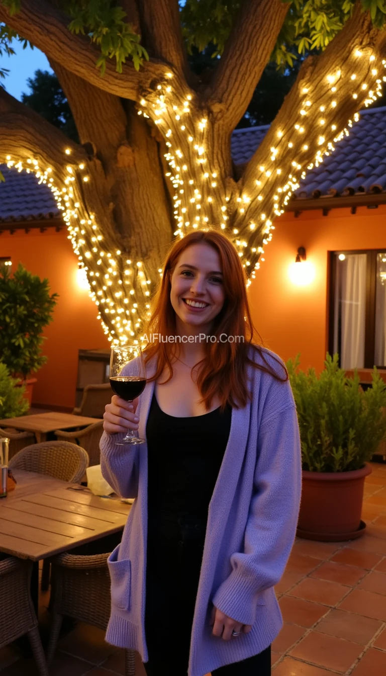 A full body shot photo of a woman standing outdoors at a cozy, warmly lit patio in the evening, with soft, glowing lights wrapped around a tree behind them creating a charming atmosphere. The image is rich in detail, with warm tones and clear textures throughout. The woman has fair skin, a slim build, and long reddish-blonde hair, also worn loose. She is smiling warmly at the camera, holding a glass of red wine in her right hand, and wears a soft-textured lavender cardigan over a black top. The background features a large tree with sparkling string lights wrapped around its trunk and branches, adding a magical touch to the scene. The setting suggests a private outdoor seating area, with elements like terracotta-tiled roofing, greenery, and rattan chairs contributing to a serene, inviting vibe. The overall composition is balanced, with the woman framed against the softly glowing tree, and the lighting enhances the warm, intimate feel of a quiet evening shared among friends. The details are vivid, with textures of clothing, skin, and background elements clearly visible, while the warm lighting creates a relaxed and joyful mood