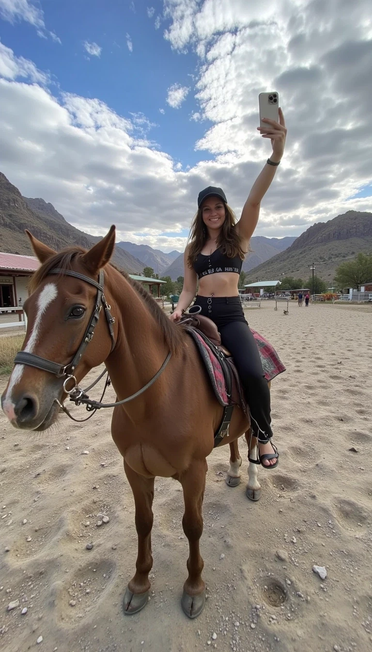 Woman taking a selfie while riding a horse
