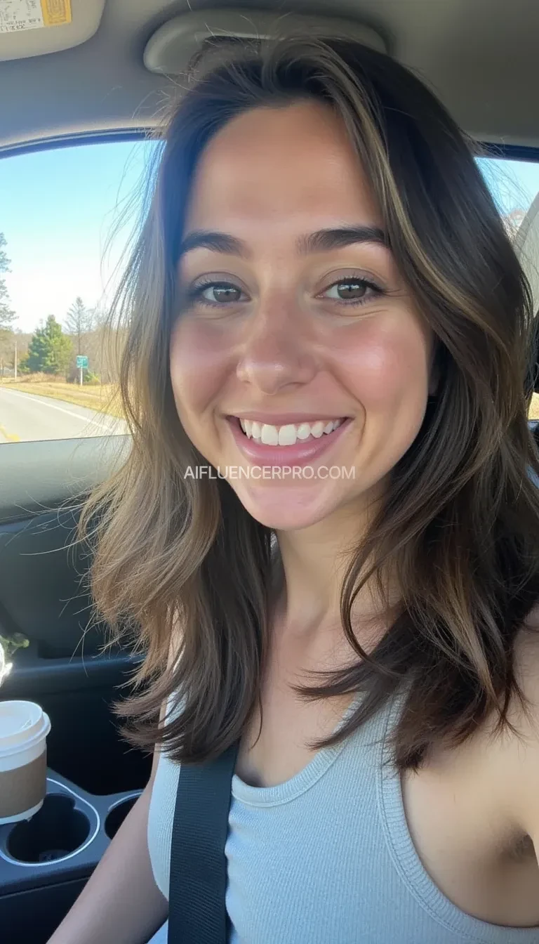 boring low quality snapchat photo circa 2015, A young woman with a warm smile, sitting in the driver's seat of a cozy car. She has soft, wavy brown hair cascading past her shoulders. The sunlight streams through the window, casting a gentle glow on her face. The interior of the car is neat and comfortable, with a coffee cup in the cup holder and a small plant on the dashboard. The background outside the window shows a scenic road lined with trees and blue skies