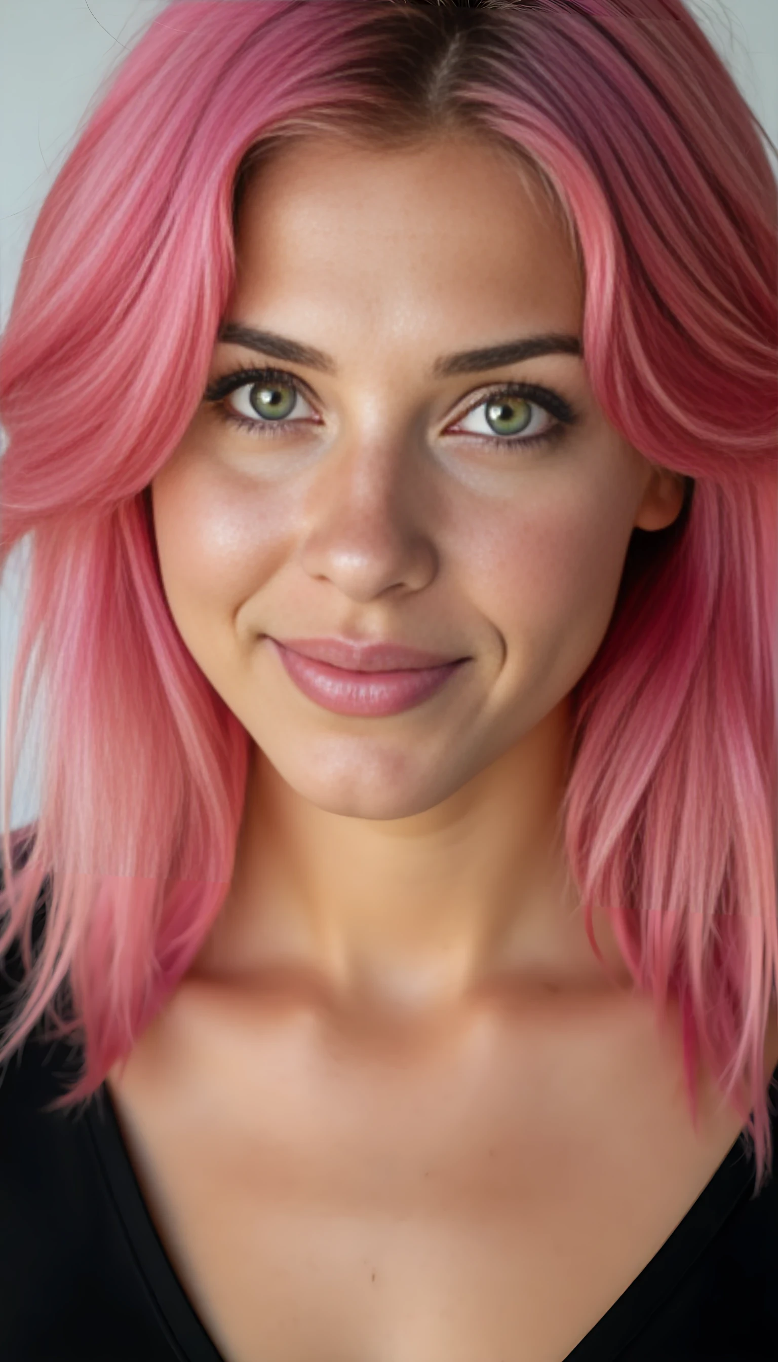A studio-quality full-face portrait photo of a beautiful 20 years old model, mixed ethnicity of half white American half Brazilian, with natural pink hair and freckles, cute face, ultra detailed green eyes with sharp iris reflections, slight smile, high-quality