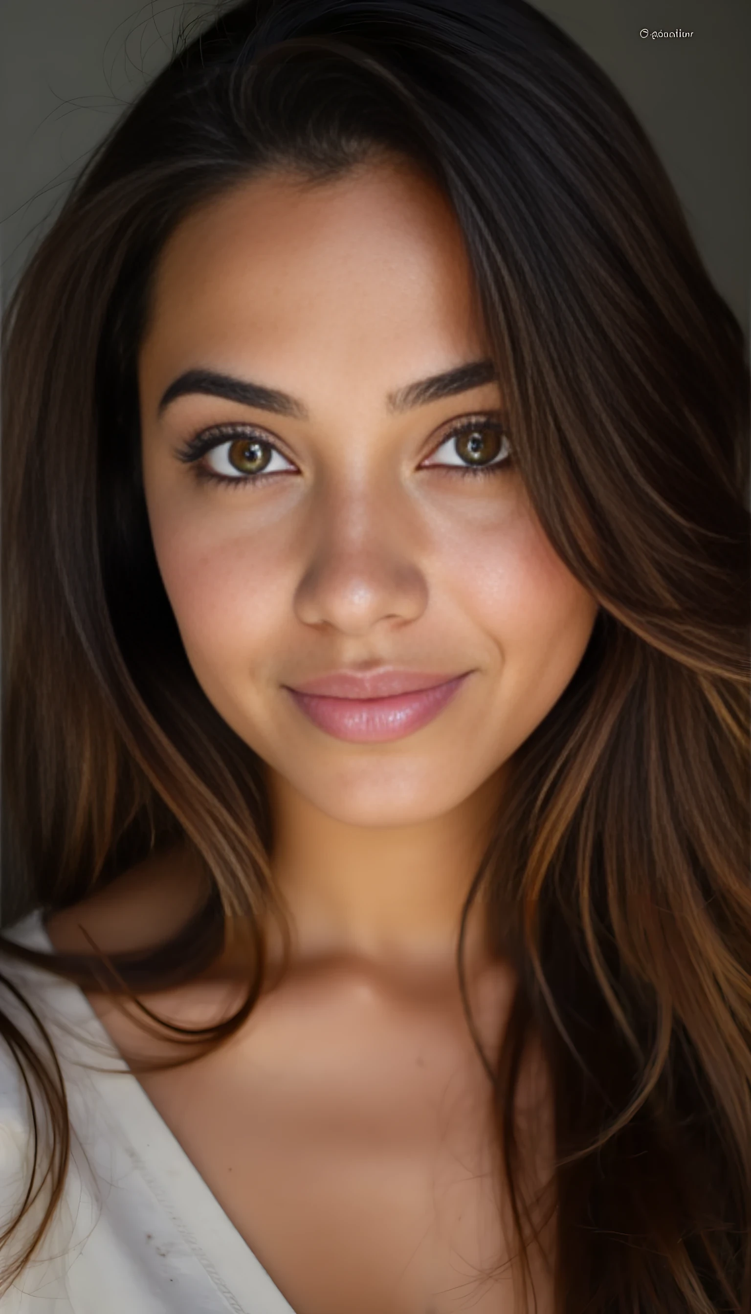 A portrait photo (entire face) of a beautiful 21 years old woman, mixed ethnicity of half white American half Brazilian, with brunette hair, ultra detailed eyes with sharp iris reflections, slight smile, high-quality