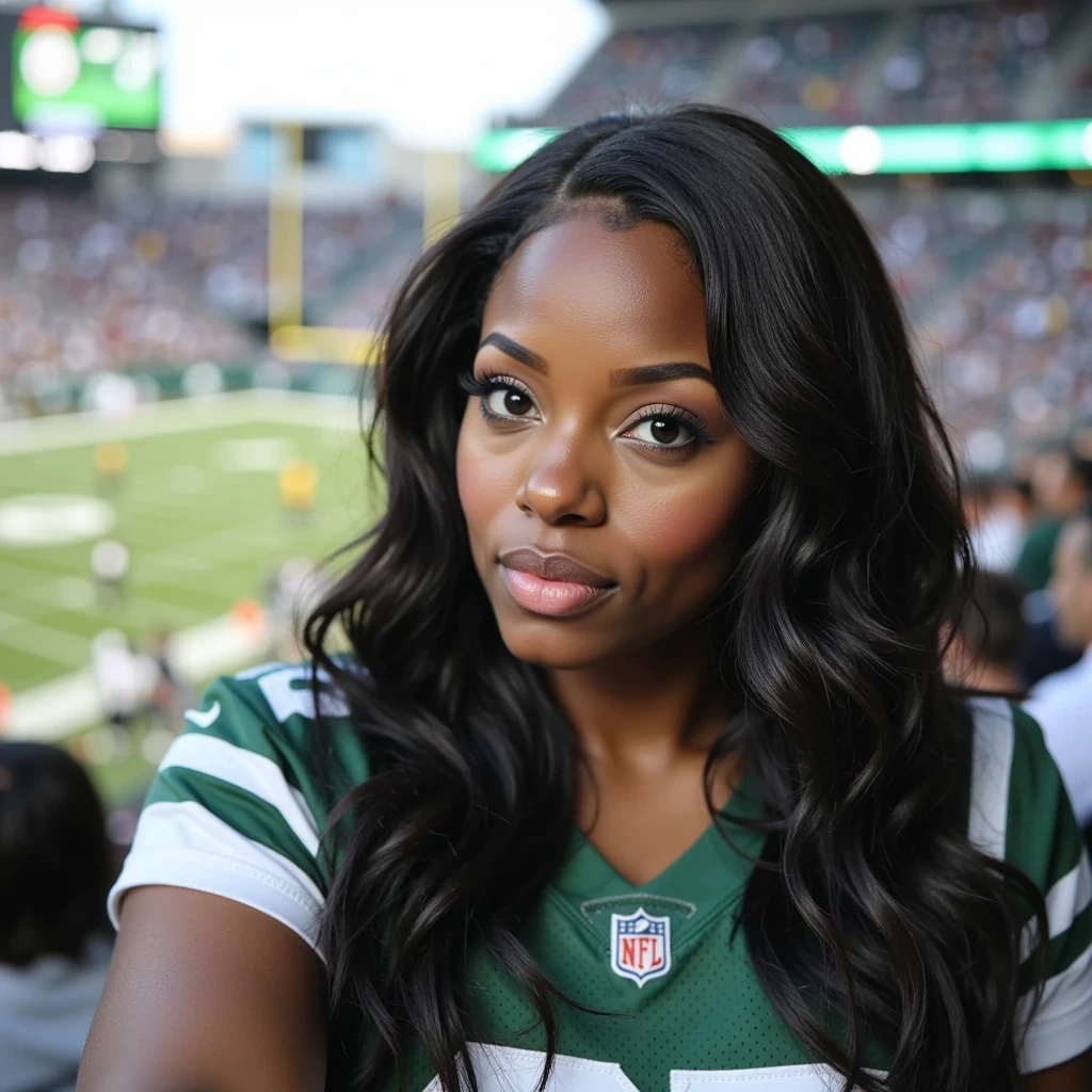 half body iphone selfie photo of woman CSTMDL. She’s at metlife stadium watching the jets and steelers game. She is sitting in the bleachers cheering for the jets. She’s wearing a jets football jersey with black pants. huge croud of females and men wearing jets and steelers jerseys.

She has deep brown almond-shaped eyes and long, wavy black hair flowing over her shoulders. Her figure is curvy and feminine, with a confident presence. She has large breast and big butt. Her fingernails feature a long-length squared white French square manicure, and her toenails are polished in a matching French pedicure.

The shot should mimic a Snapchat selfie look — casual, slightly grainy, soft-focused, as if captured quickly on a phone. Her expression is relaxed, smiling slightly with a natural vibe and authentic selfie feel.