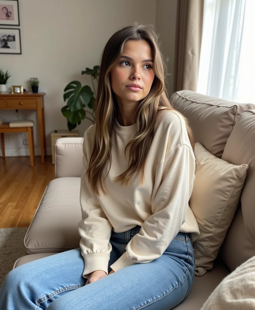 Full body lifestyle photo of a 18-year-old woman CSTMDL with hazelnut eyes, light brown hair styled in soft waves, fully toned skin, and big full symmetrical lips. She is in her living room, wearing a simple pastel-colored casual outfit: a soft beige sweater and comfortable jeans. She is sitting on a modern couch with her legs folded slightly to the side, hands gently resting in her lap, looking innocent and thoughtful as she gazes off into the distance. she is also smiling .

The atmosphere is calm, intimate, and natural, with soft natural daylight filtering through a nearby window, creating warm highlights on her face and hair while casting gentle shadows across the room. The background includes subtle home details such as cushions, a coffee table, and a small plant, softly blurred to keep the focus on her expression. 

The composition is a full body shot, centered to capture her relaxed posture on the couch, with emphasis on her innocent facial expression and thoughtful mood. Technical aspects: DSLR 50mm lens look, shallow depth of field with soft bokeh, HDR, ultra photorealistic, professional photography, highly detailed skin and fabric texture, 8k high definition, Instagram lifestyle style.
Sharp focus on facial features, High dynamic range, 85mm lens look