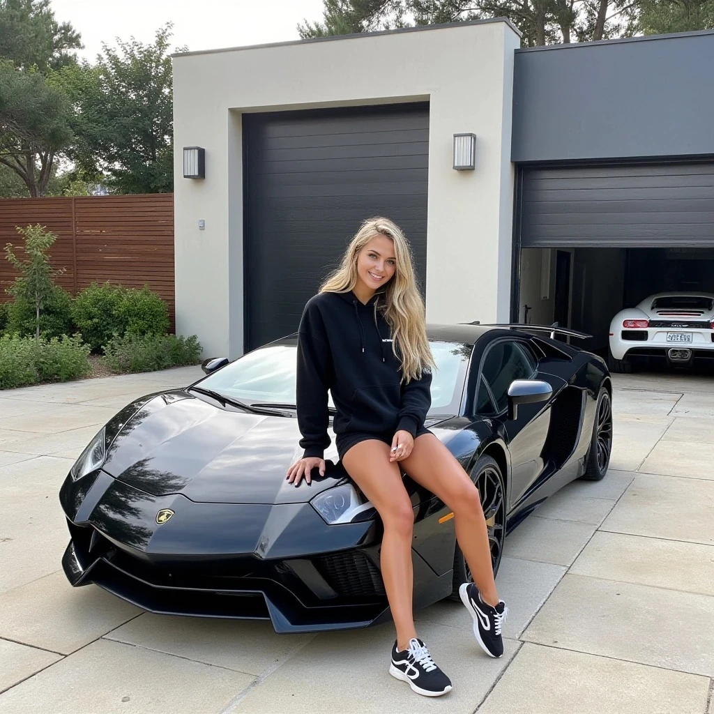 A photograph features a young woman with long soft blonde hair, a fit physique and tan skin, wearing a black hoodie, black shorts, and black-and-white sneakers. She sits on the hood of a black Lamborghini Aventador SV, one hand resting on her head, smiling. The car is parked in front of a massive luxury modern house with two closed garage doors and one open with a white Bugatti Veyron parked inside, there is a wooden fence and lush greenery surrounding the property.