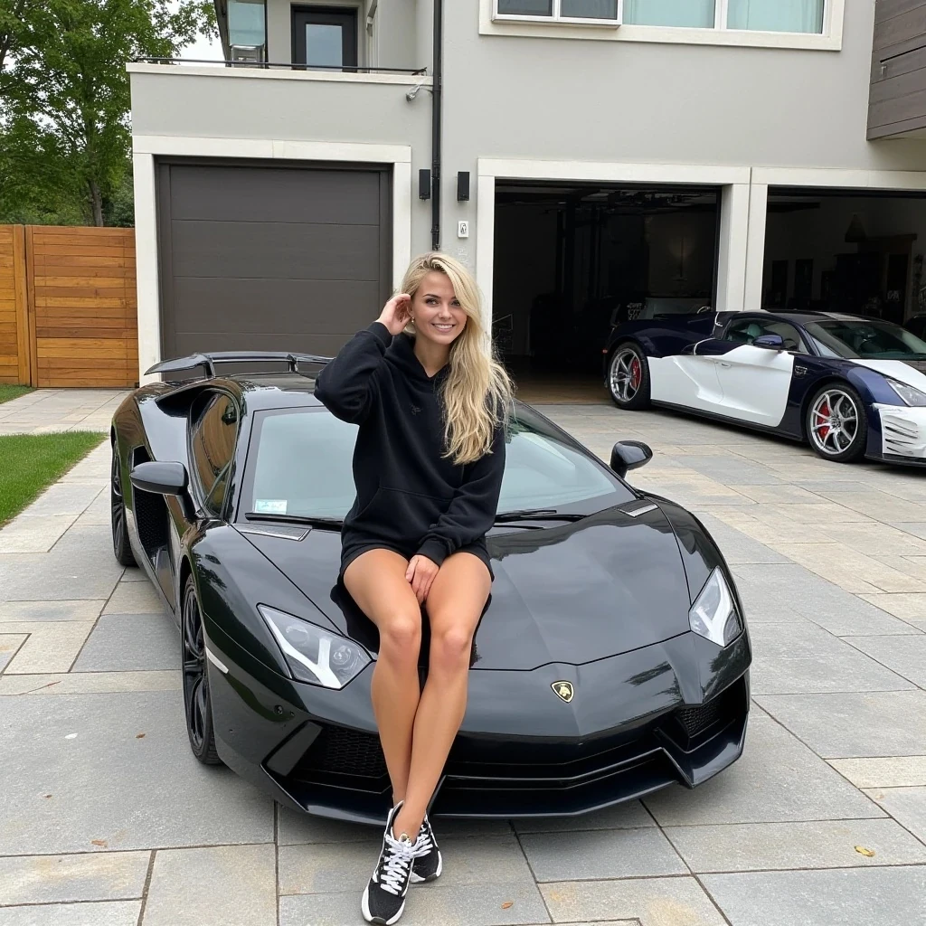A photograph features a young woman with long soft blonde hair, a fit physique and tan skin, wearing a black hoodie, black shorts, and black-and-white sneakers. She sits on the hood of a black Lamborghini Aventador SV, one hand resting on her head, smiling. The car is parked in front of a massive luxury modern house with two closed garage doors and one open with a white Bugatti Veyron parked inside, there is a wooden fence and lush greenery surrounding the property.