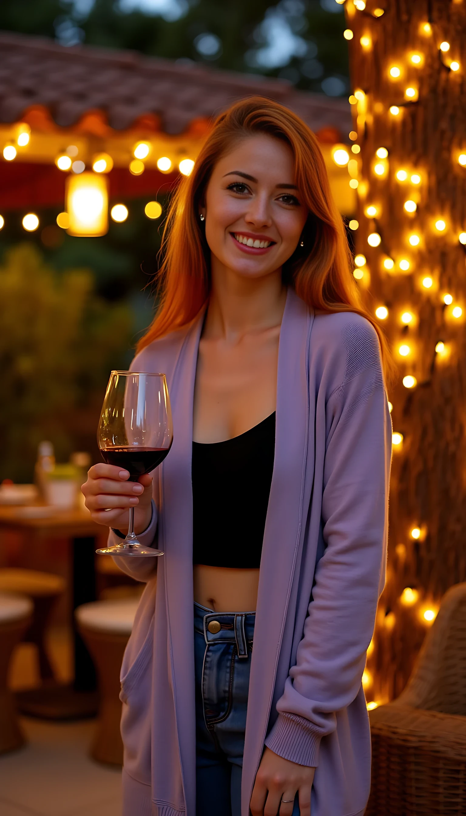 A full body shot photo of a woman standing outdoors at a cozy, warmly lit patio in the evening, with soft, glowing lights wrapped around a tree behind them creating a charming atmosphere. The image is rich in detail, with warm tones and clear textures throughout. The woman has fair skin, a slim build, and long reddish-blonde hair, also worn loose. She is smiling warmly at the camera, holding a glass of red wine in her right hand, and wears a soft-textured lavender cardigan over a black top. The background features a large tree with sparkling string lights wrapped around its trunk and branches, adding a magical touch to the scene. The setting suggests a private outdoor seating area, with elements like terracotta-tiled roofing, greenery, and rattan chairs contributing to a serene, inviting vibe. The overall composition is balanced, with the woman framed against the softly glowing tree, and the lighting enhances the warm, intimate feel of a quiet evening shared among friends. The details are vivid, with textures of clothing, skin, and background elements clearly visible, while the warm lighting creates a relaxed and joyful mood