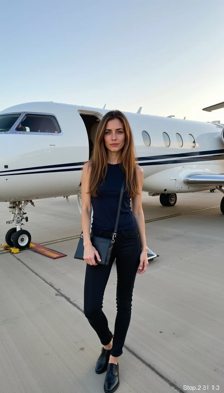 CSTMDL, boring low quality snapchat photo circa 2015, woman Leaning against the stairs of a private jet on the tarmac, jet engines in the background
