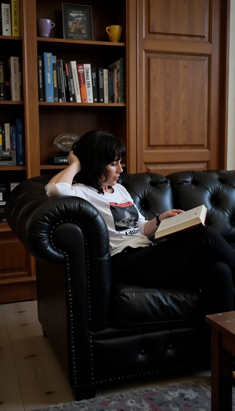 Rachel on black leather couch in elegant library reading book 
