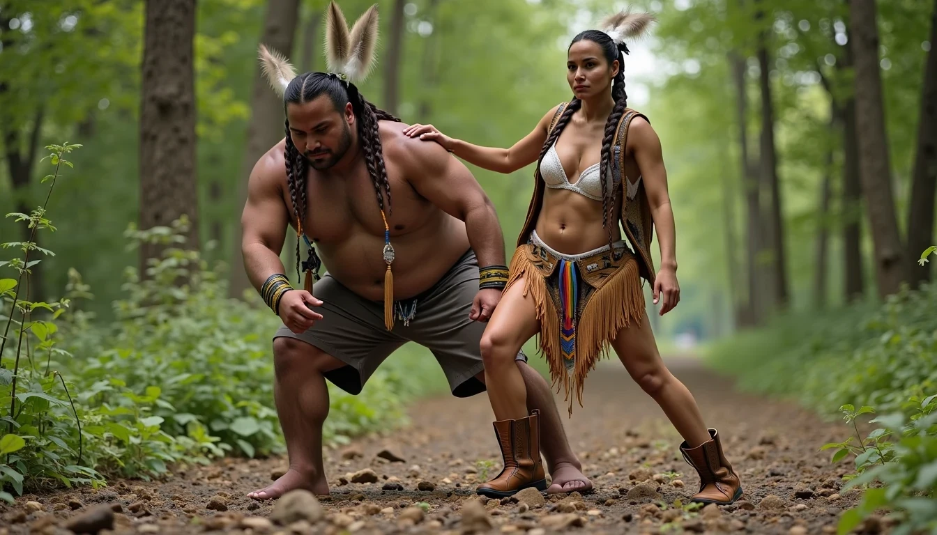 photo of woman CSTMDL, a selfie photo of, a slim woman, her full body is in the scene, she has a slender petite build with petite small boobs and a flat chest, she has small dark skin nipples with long pointy nipple ducts and small dark skinned areolas, her hair is styled with two long braids she has eagle plumes in her hair, she is not wearing earrings, she is wearing daisy duke denim booty shorts, she is wearing a native American style vest in a golden yellow color over top of her underwear, she is holding her vest open exposing her strapless bra, her bra is a strapless white lace bra, she is wearing white lace panties, she is wearing ankle height smoked hide moccasins, natural lighting, natural light, amateur photography, shot on an iPhone, she is bent over on all fours on the ground with her legs spread wide apart in a densely wooded forest in front of a fat giant native American man, she is maintaining intense eye contact with the camera, a fat giant native American man is directly beside her holding onto her booty, public setting, Hyper realism, 16k, uhd, ultra-sharp focus, perfect meshes and textures, highly detailed, highly accurate reflections, natural lighting, natural light, amateur photography,