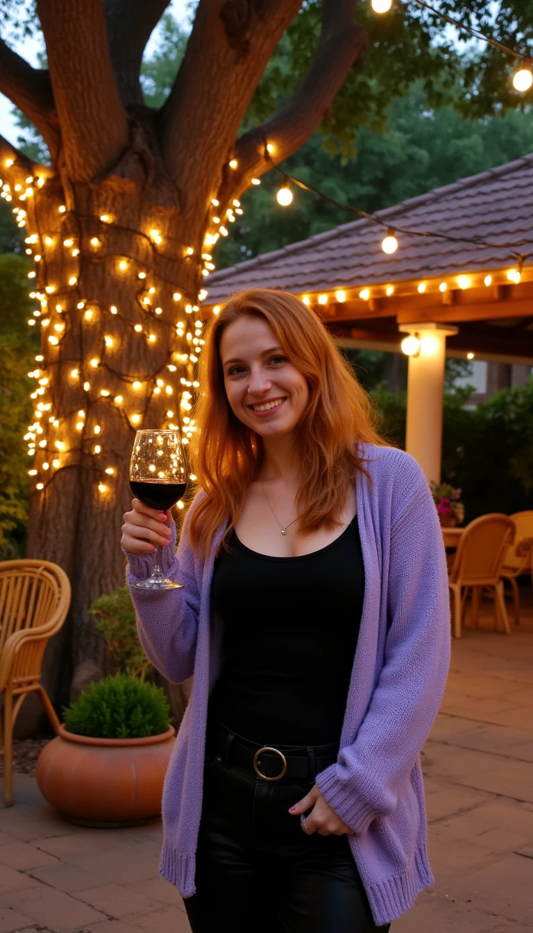 A full body shot photo of a woman standing outdoors at a cozy, warmly lit patio in the evening, with soft, glowing lights wrapped around a tree behind them creating a charming atmosphere. The image is rich in detail, with warm tones and clear textures throughout. The woman has fair skin, a slim build, and long reddish-blonde hair, also worn loose. She is smiling warmly at the camera, holding a glass of red wine in her right hand, and wears a soft-textured lavender cardigan over a black top. The background features a large tree with sparkling string lights wrapped around its trunk and branches, adding a magical touch to the scene. The setting suggests a private outdoor seating area, with elements like terracotta-tiled roofing, greenery, and rattan chairs contributing to a serene, inviting vibe. The overall composition is balanced, with the woman framed against the softly glowing tree, and the lighting enhances the warm, intimate feel of a quiet evening shared among friends. The details are vivid, with textures of clothing, skin, and background elements clearly visible, while the warm lighting creates a relaxed and joyful mood