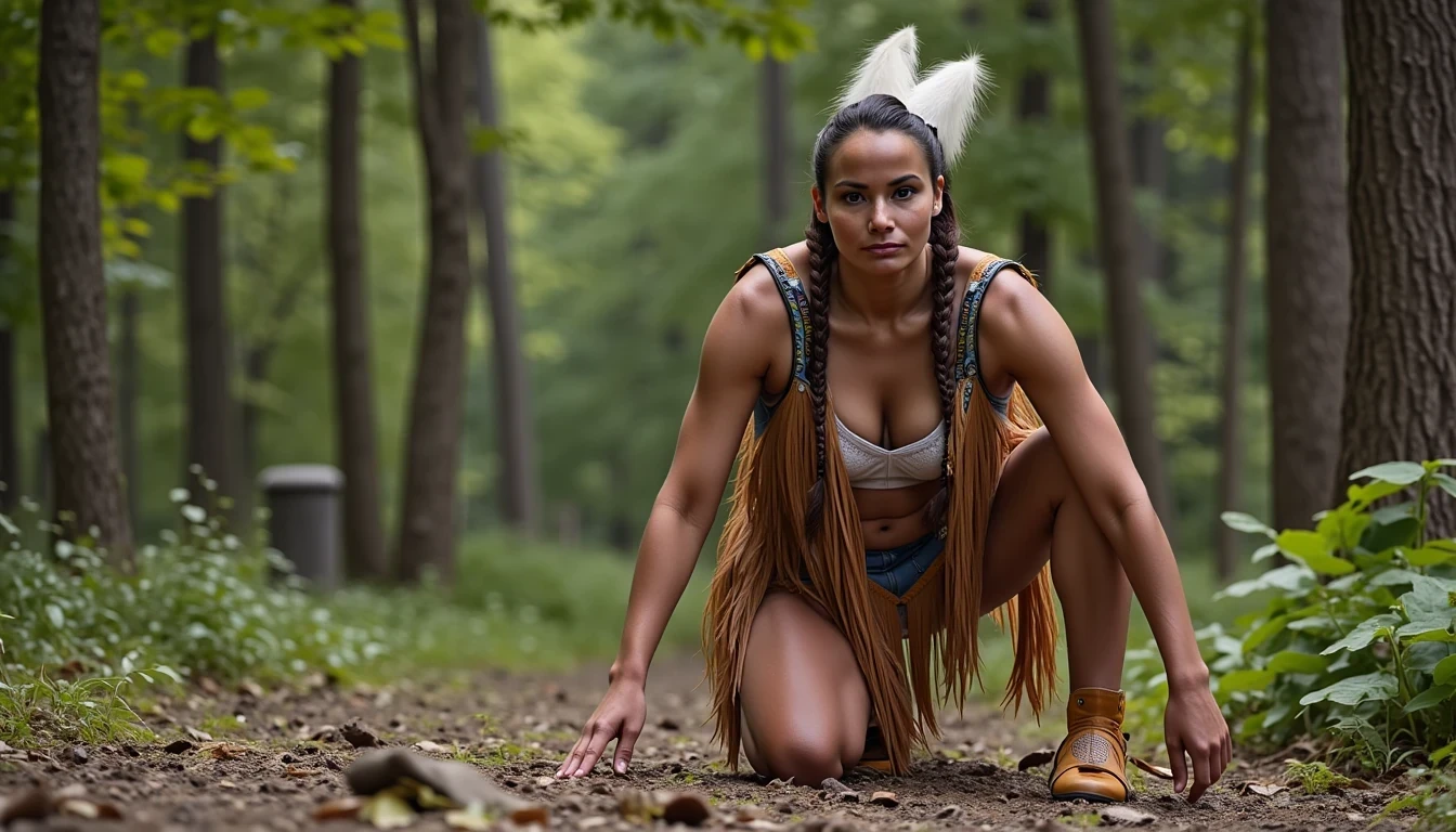 photo of woman CSTMDL, a medium shot photo of, a slim woman, her full body is in the scene, she has a slender petite build with petite small boobs and a flat chest, she has small dark skin nipples with long pointy nipple ducts and small dark skinned areolas, her hair is styled with two long braids she has eagle plumes in her hair, she is not wearing earrings, she is wearing daisy duke denim booty shorts, she is wearing a native American style vest in a golden yellow color over top of her underwear, she is holding her vest open exposing her strapless bra, her bra is a strapless white lace bra, she is wearing white lace panties, she is wearing ankle height smoked hide moccasins, natural lighting, natural light, amateur photography, shot on an iPhone, she is bent over on all fours on the ground with her legs spread wide apart in a densely wooded forest in front of a fat giant native American man, she is maintaining intense eye contact with the camera, a fat giant native American man is directly beside her holding onto booty, public setting, Hyper realism, 16k, uhd, ultra-sharp focus, perfect meshes and textures, highly detailed, highly accurate reflections, natural lighting, natural light, amateur photography,