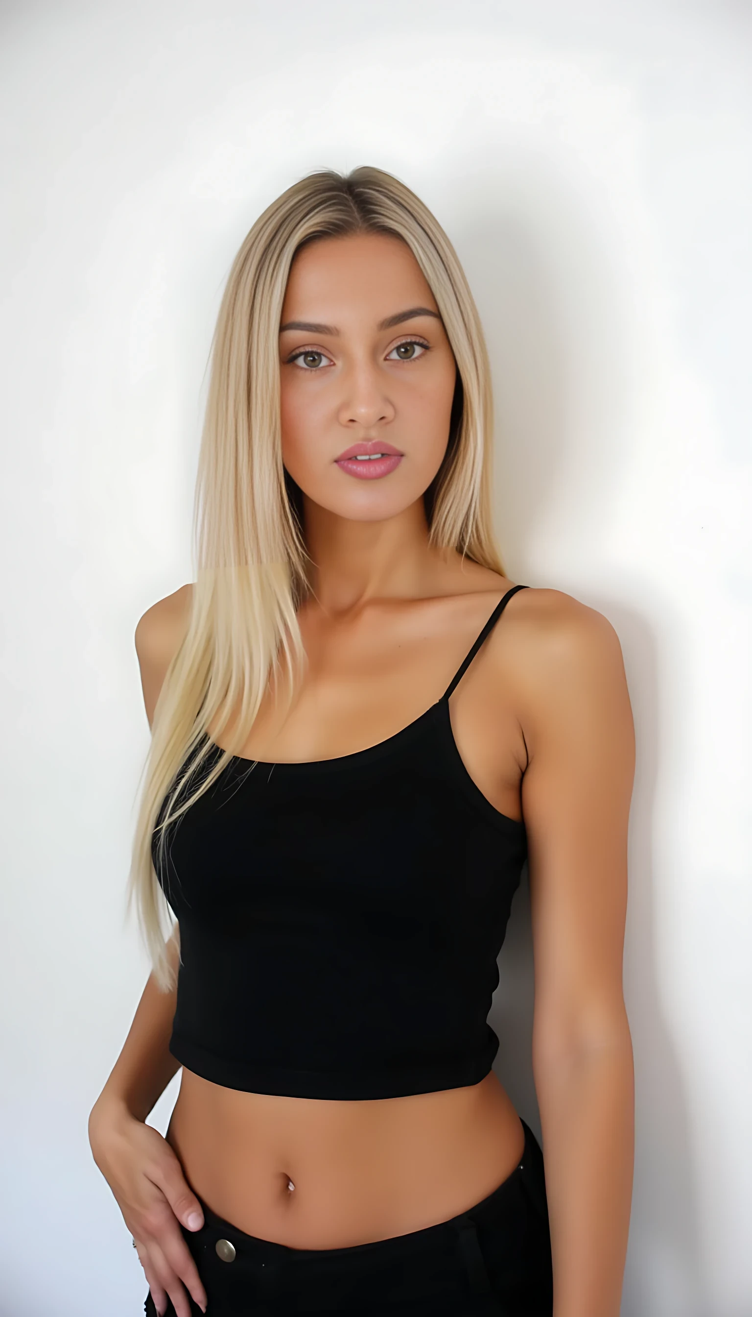 A confident woman stands against a plain, white background. She has long, straight, highlighted hair and is wearing a stylish black crop top with thin straps. Her expression is poised and serious, showcasing an elegant and modern look. The lighting is soft, accentuating her features and creating a smooth, minimalist aesthetic. Her pose is relaxed, with a hand gently resting on her waist, conveying a sense of grace and composure.